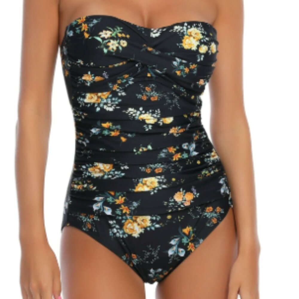 🌻 NWT Vintage Style Yellow Floral One Piece Bathing-Ruched Front -SizeXXL/2XL